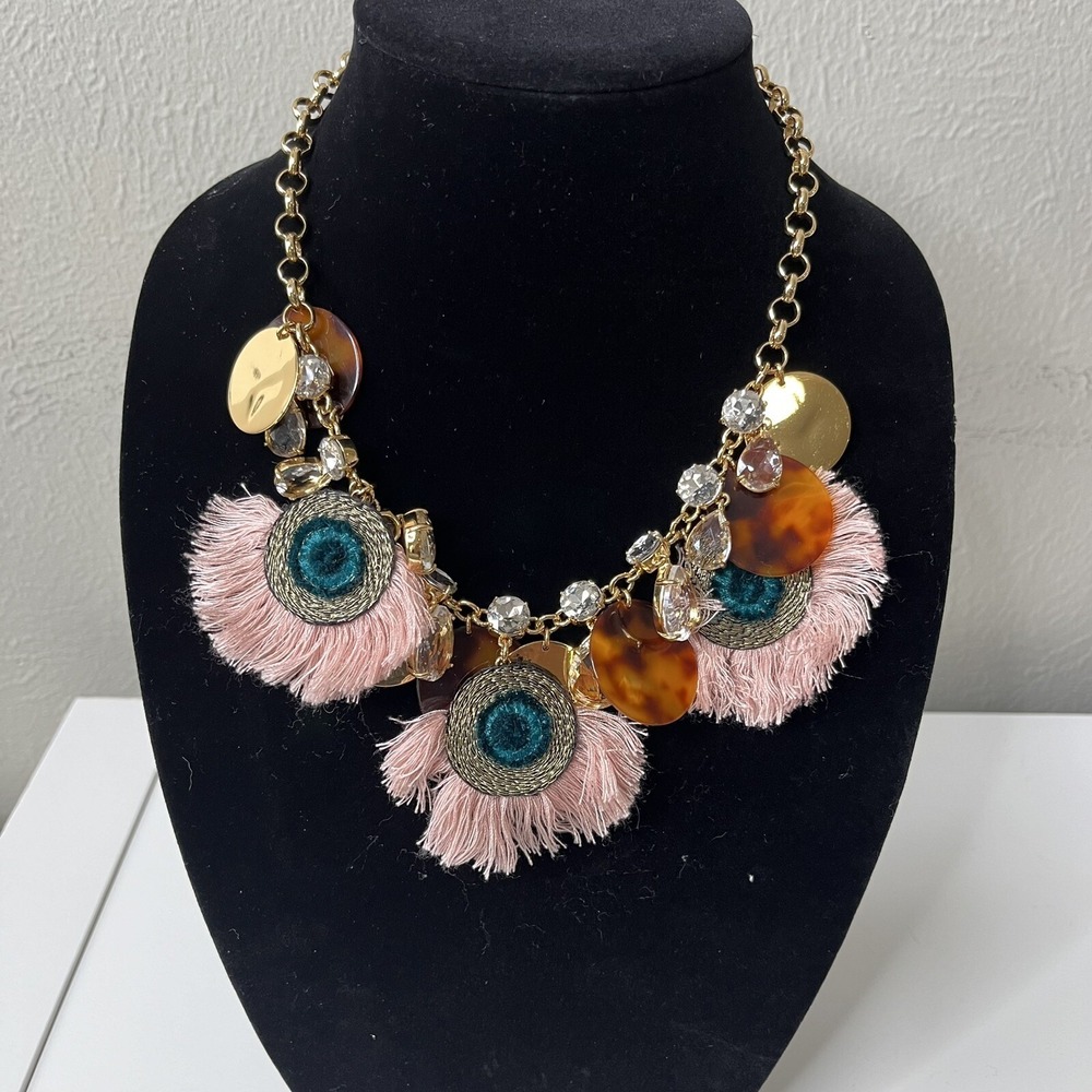 NWT VTG J Crew Brûlée Tortoise Peacock Statement Necklace Chunky Boho Festival‎